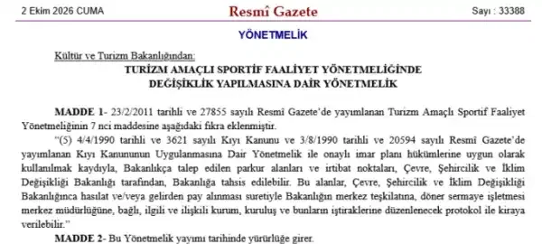 Turizm parkuru alanları bakanlık tahsisine açıldı