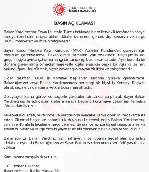 Ticaret Bakanlığından Mustafa Tuzcu açıklaması