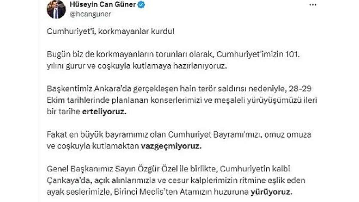Çankaya Belediye Başkanı Hüseyin Can Güner’in Cumhuriyet Bayramı Etkinlikleri ile İlgili Açıklaması
