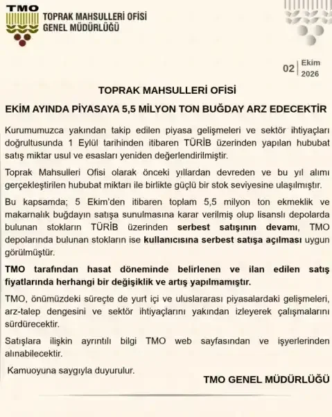TMO bu ay piyasaya 5,5 milyon ton buğday sürecek