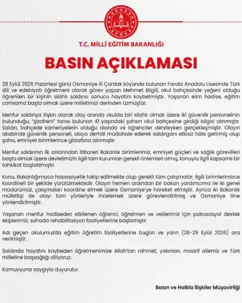 Osmaniye’de okul bahçesinde öğretmen silahlı saldırıda hayatını kaybetti! Eğitime 2 gün ara verildi