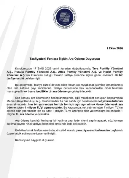 Tasfiyedeki yatırım fonu sahiplerine bir milyon liraya kadar ara ödeme yapılacak