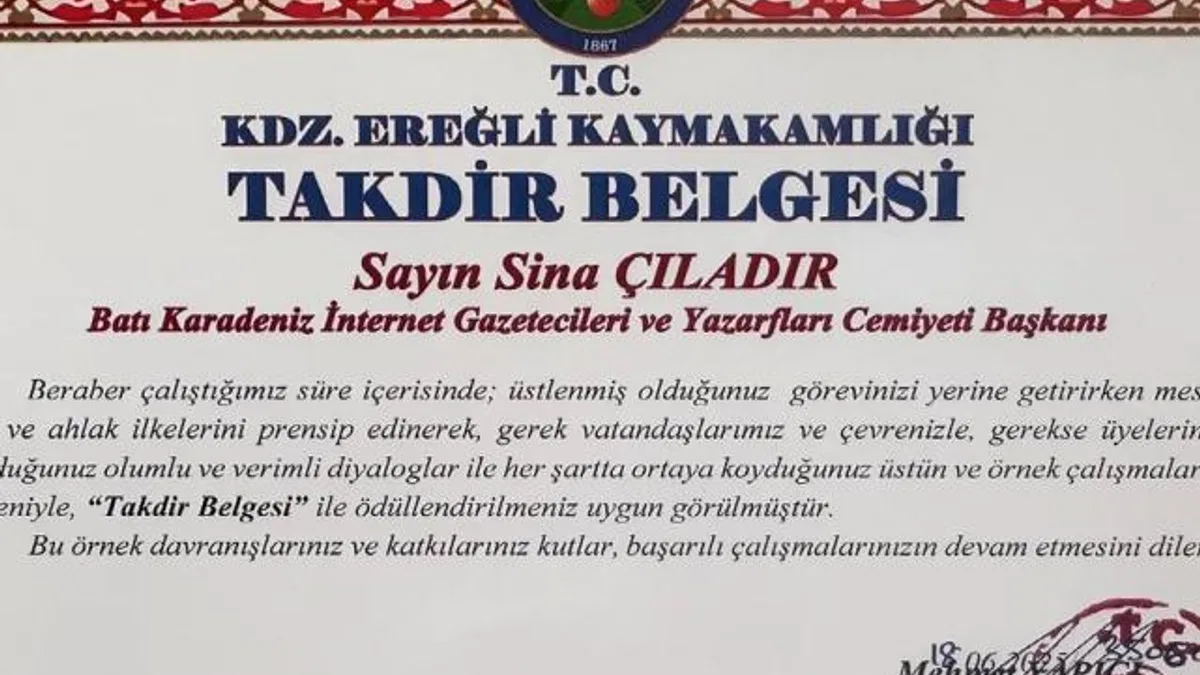 Kdz. Ereğli Kaymakamı’ndan BATİYAC Başkanı Çıladır’a takdir