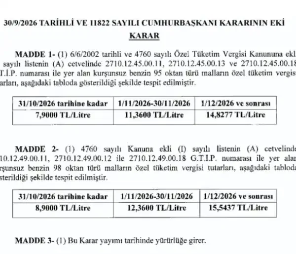 Benzin fiyatlarında Özel Tüketim Vergisi oranları kademeli olarak artırıldı