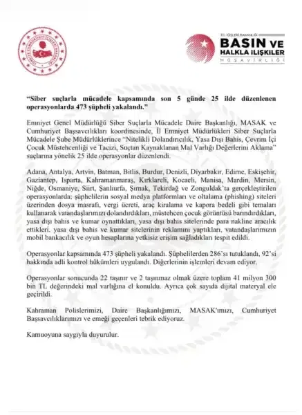 İçişleri Bakanlığı koordinasyonunda 25 ilde siber operasyon